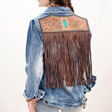 ADJKT026 Genuine leather Hand tooled hand carved Women 100% cotton Denim jacket dress ladies girl